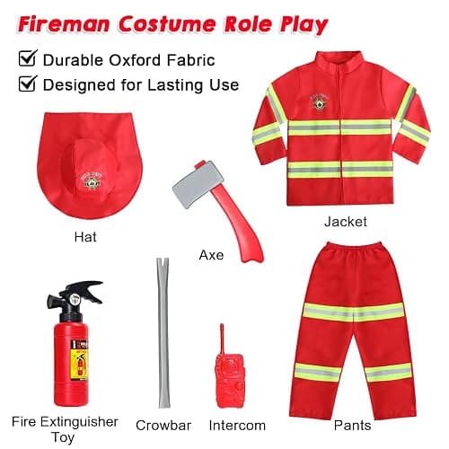 LOYO Kids Role Play World Book Day Costumes, Red Fireman Costume with Firefighter Outfit Toys Accessories for 3 to 6 Year Old Children thumbnail 3