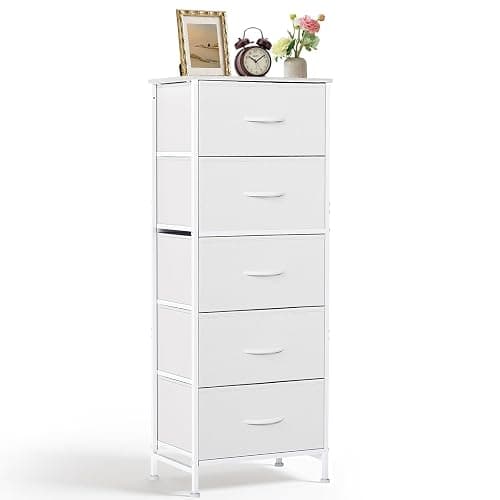 5 Drawers Dresser for Bedroom, Fabric Storage Tower Organizer with Wooden Top and Steel Frame, Tall Chest of Drawers for Closet, Entryway, Dorm, White - Image 1