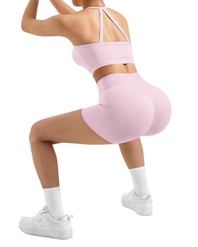 SUUKSESS Women 2 Piece Workout Sets High Waisted Tummy Control Biker Shorts Halter Padded Tank Tops thumbnail 4