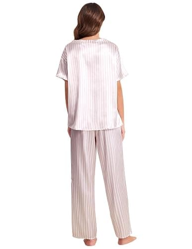 Ekouaer Womens Satin Silky Pajama Set Short Sleeve Shirt with Long Pajama Pant Set Soft PJ Loungewear thumbnail 5