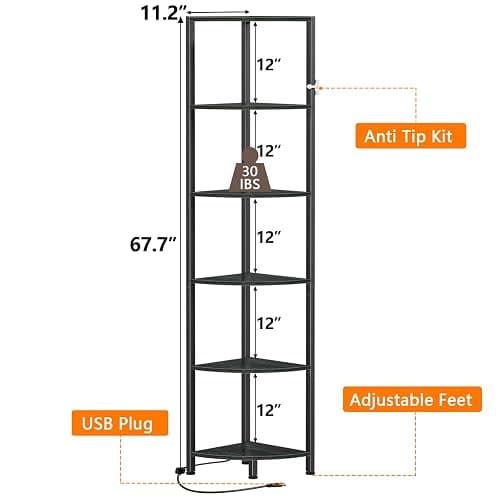 Furnulem 6 Tier Corner Shelf with LED Light, 67.5” Tall Standing Shelf Organizer, Black Narrow Bookshelf with Storage Rack for Wall Corner, Living Room, Bedroom, Metal Frame, Wood Display Shelf thumbnail 2