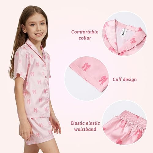 Ewbob Girls Silk Satin Pyjamas Set Short Sleeve Button-Down Kids PJs Breathable Soft Nightwear Children Sleepwear Age 5-14 thumbnail 4