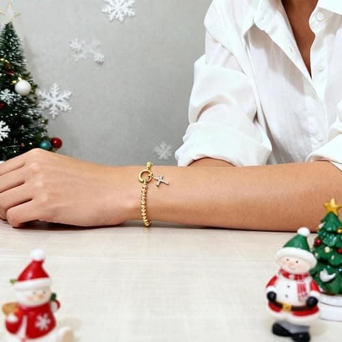 Free bird Gold Cross Bracelet for Women Stretchable Beaded Bracelets 14K Gold Charm Bracelet Initial Christmas Gifts for Women thumbnail 4