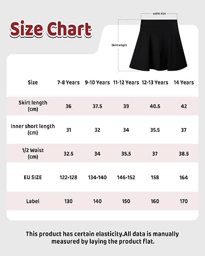 KAKU NANAU Girls‘ Black High-Waisted Skort Tennis Skirt 7-14 Years,Elasticated Quick Dry Sport School Skirt with Built-in Shorts Summer(No Pockets) thumbnail 7