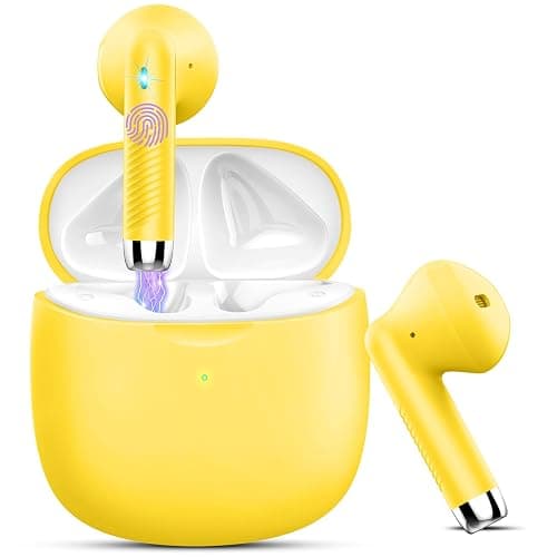 Wireless Earbuds, Bluetooth 5.4 Earbuds Stereo Bass, Bluetooth Headphones in Ear Noise Cancelling Mic, Earphones IP7 Waterproof Sports, 32H Playtime USB C Charging Case Yellow Ear Buds for Android iOS - Image 1