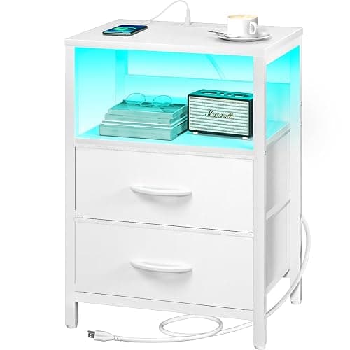 Yoobure Nightstand with Charging Station, LED Night Stand with Fabric Drawers and Storage Shelf for Bedroom, Nightstands Bedside Tables with USB Ports & Outlets, Small Night Stands, Bed Side Table - Image 1