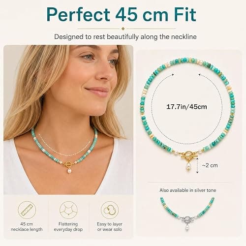 Jewelry Dainty Handmade Beaded Necklace, Turquoise and Pearl Beads, Turquoise Jewelry for Women thumbnail 4