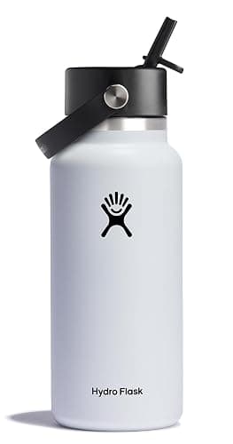 Hydro Flask 32 Oz Stainless Steel Wide Mouth Water Bottle with Leakproof Flex Straw Cap, White - Image 1