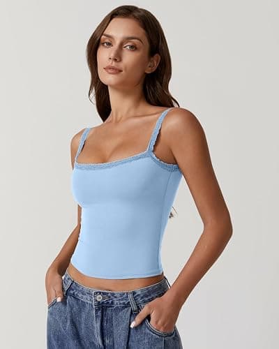 QINSEN Womens Square Neck Lace Trim Tank Top Double Lined Slim Fitted Y2k Going Out Camisole Shirts thumbnail 4