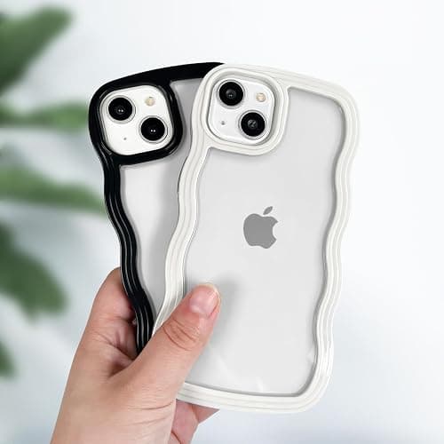 Anuck for iPhone 13 Case Wavy Edge Clear Back Design, Anti-Slip Grip Cute Wave Curly Frame Shape Shockproof Soft TPU & Hard Bumper Protective Phone Case Cover for Women Girls, White thumbnail 5