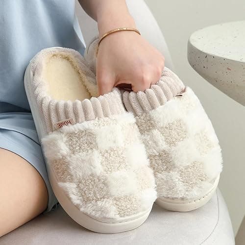 VTTDB Checkered Slipper House Slippers for Women Men Plush Warm Fuzzy Slippers Flyffy Bedroom Shoes Indoor Slip On thumbnail 2