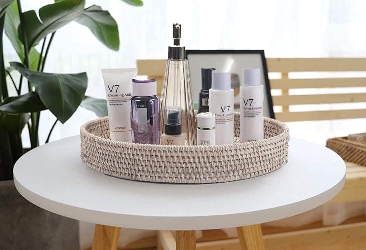 13.8 inch Round Rattan Tray, Decorative Coffee Table Tray, Ottoman Tray, Woven Serving Tray with Handles, Wicker Serving Basket, Whitewash thumbnail 6