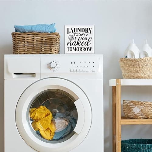 Laundry Sign - Funny Laundry Room Signs Laundry Today or Naked Tomorrow Wood Block Sign Farmhouse Decoration for Home Laundry Room Shelf Desk Table thumbnail 6