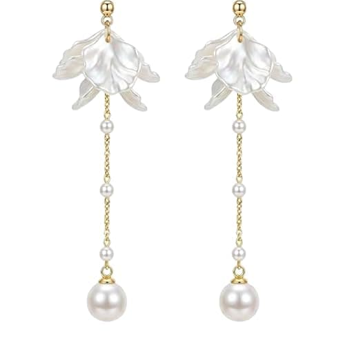 KRUCKEL White Pressed Flower Dangle Earrings | Golden Studs with Pearl like Drops | Hypoallergenic, Lightweight Jewelry for Women | Sparkle at Birthday, Anniversary, Graduation, Wedding - Image 1