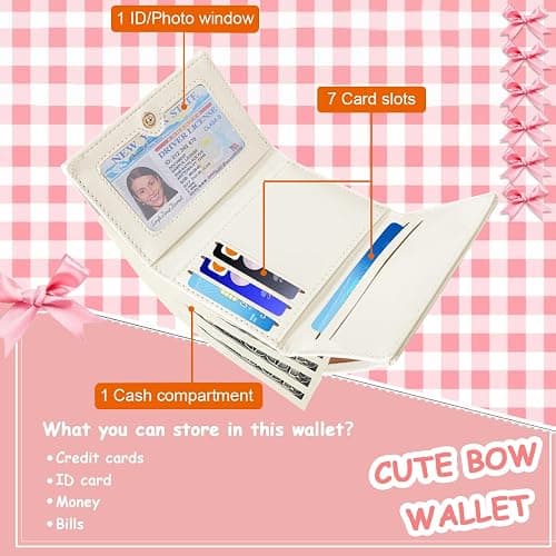 Sunwel Fashion Wallets Girls Cute Coquette Bow Small Wallet Aesthetic Card Holder ID Window Purse for Women (CREAM) thumbnail 4