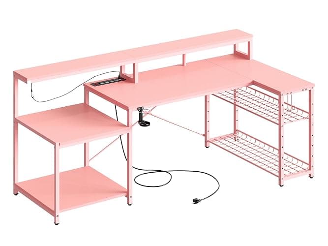 Bestier 71.5 inch Gaming Desk with Power Outlet, Large LED Computer Desk with Monitor Stand, L Shaped Desk with Storage Shelf, Cup Holder & Headset Hooks, Corner Gamer Desk for Bedroom Pink thumbnail 9