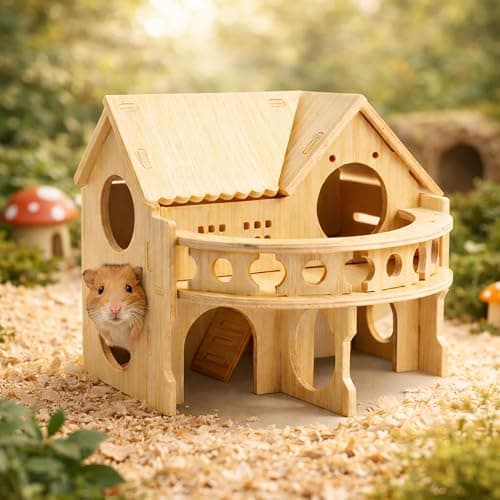 Improved Safety Large Balcony Small & Cute Wooden Hamster House with Large Balcony – Double-Decker Forest-Style Hut for Dwarf Hamsters, Mice, Gerbils, Rats & Small Pets (Compact Size Only) thumbnail 2