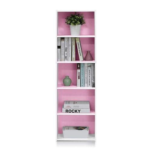 Furinno 5-Tier Reversible Color Open Shelf Bookcase , White/Pink 11055WH/PI thumbnail 6