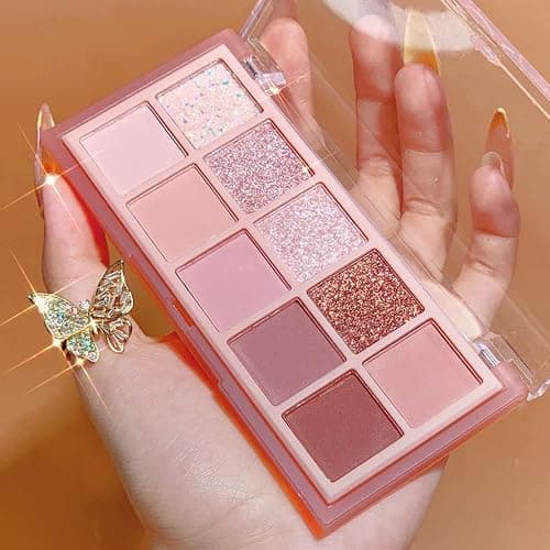 Erinde 10 Colors Eyeshadow Palette Makeup - Matte Shimmer Glitter Eye Shadow, Natural-Looking Korean Eye Makeup, Ultra-Blendable, High Pigmented, Pink Eyeshadow Palette with Brush, Rose Pink thumbnail 5