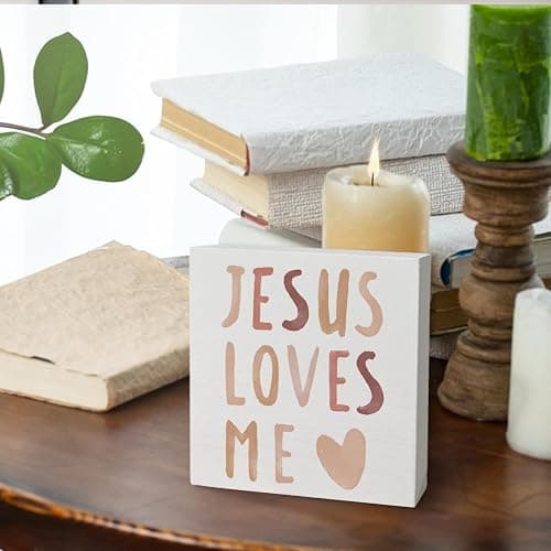 FLVGE Baby Girls Nursery Decor - Jesus Loves Me Christian Gifts Wood Sign Wall Art Decoration, Boho Neutral Bible Verse Kids Boys bookshelf Decorations, Toddler Girls Room Decor 5x5 thumbnail 7