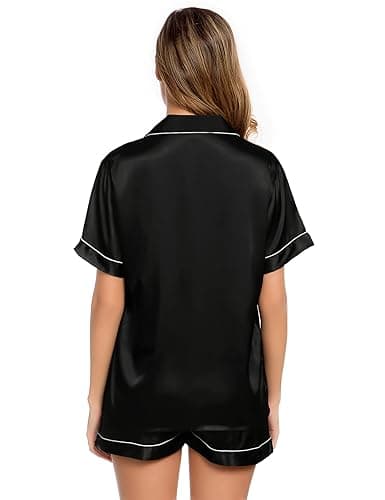 LecGee Womens Silk Satin Pajamas Short Sleeve Loungewear Two-Piece Sleepwear Button-Down Pj Set - Medium - Black-03 thumbnail 4