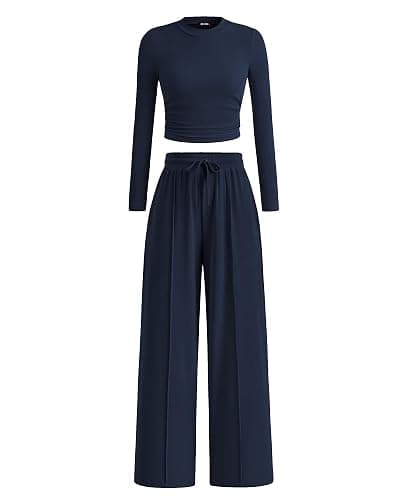BTFBM Casual 2 Piece Sets For Women Fall Outfits 2025 Ribbed Long Sleeve Crop Top Wide Leg Pants Matching Lounge Set - Image 1