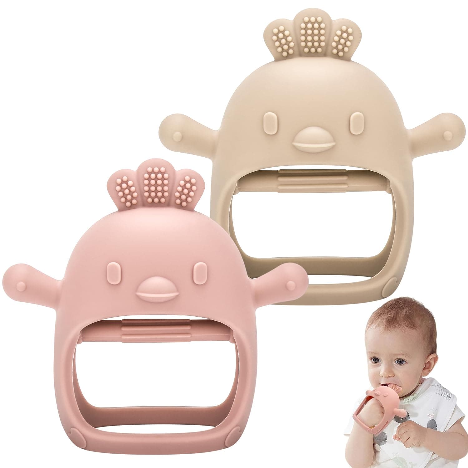 MISSLILI 2Pcs Baby Teething Toy for Infants 3+ Months, BPA Free Anti-Drop Silicone Chick Mitten Teether Toy for Soothing Sore Gums, Baby Chew Toys for Sucking Needs - Beige & Pink - Image 1