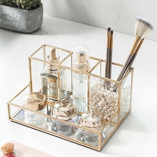 HARLIANGXY Makeup Organiser, Glass Makeup Brush Holder, Makeup Brush Pot, Cosmetic Organizer, Desktop Storage Box, Perfume Organiser for Dressing Table, Bedroom, Washroom - Gold thumbnail 5