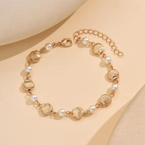 Gold Shell Bracelet Stack Dainty Gold Chain Bracelets Seashell Starfish Beaded Pearl Bracelet Boho Summer Beach Jewelry Trendy Stuff Gifts thumbnail 8