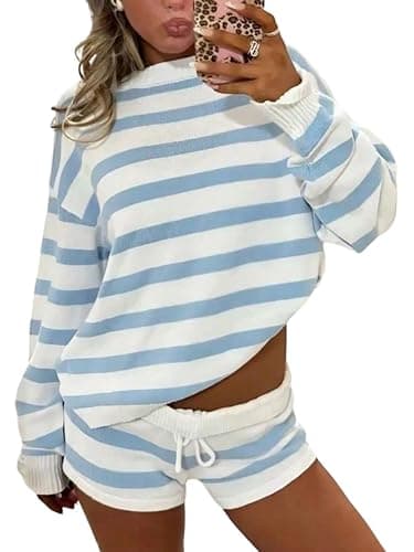 Milumia Women's 2 Piece Outfit Striped Ribbed Long Sleeve Sweater Top Shorts Set Knitwear - Image 1