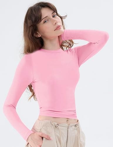 Women's Soft Long Sleeve Shirts Crew Neck Tops Basic Tees Stretchy Going Out Crop Tops Y2K Slim Fit T-Shirts thumbnail 2