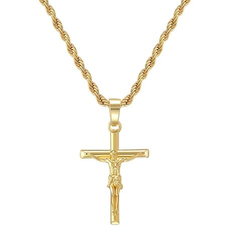 HELLOICE Crucifix Cross Necklace 18K Gold Plated Cross Pendant with 3mm 22" Rope Chain for Men Women - Image 1