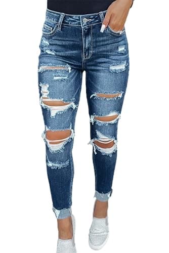 KUNMI Women's Ripped Mid Waisted Boyfriend Jeans Loose Fit Distressed Stretchy Denim Pants - Image 1
