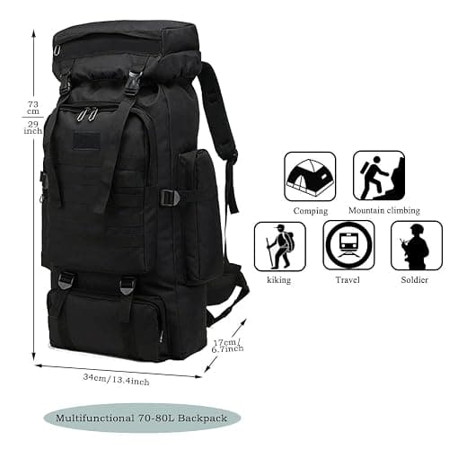 Ziliyy 70L Hiking Backpack for Men, Waterproof Lightweight Camping Backpack, Military Rucksack with Molle, 3-Day Assault Pack for Travel, Climbing, Outdoor Sports(Black) thumbnail 3