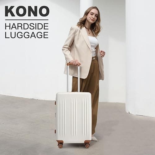 Kono Lightweight 24 Inch Expandable Luggage with Quiet Spinner Wheels TSA Lock, Scratch and Drop Resistant PC+ABS Hardside Durable Medium Checked Suitcase, Cream White & Brown thumbnail 2