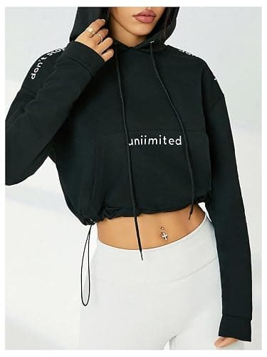 Verdusa Women's Letter Print Drawstring Hoodies Long Sleeve Cropped Hooded Sweatshirts thumbnail 4
