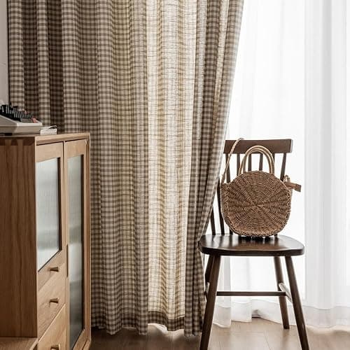 AZIMUZIXI Retro Rustic Cotton and Linen Light Filtering Plaid Curtains for Living Room Dining Room,Rop Pocket Semi-Shading Window Curtains Set 2 Panels (Brown,W50*L84) thumbnail 6