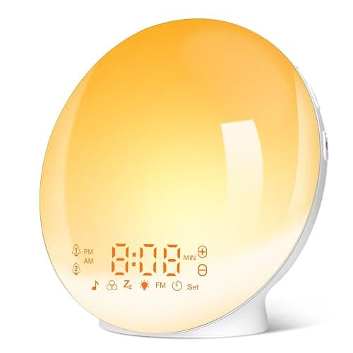 Eveil Lumière LED Radio Réveil Matin Lumineux Lampe de Chevet 20 Niveaux de Luminosité Simulateur d'Aube et Crépuscule 2 Réveils 7 Sons Naturels Fonction Snooze Veilleuse Enfant 11 Couleurs (Jaune) - Image 1