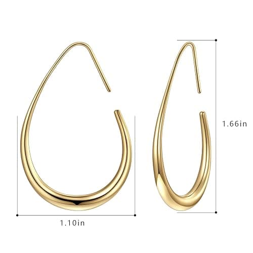 Lightweight Teardrop Hoop Earrings for Women - 14k Gold/White Gold Plated Large Oval Pull Through Hoop Earrings High Polished Statement Jewelry Gift for Women thumbnail 2