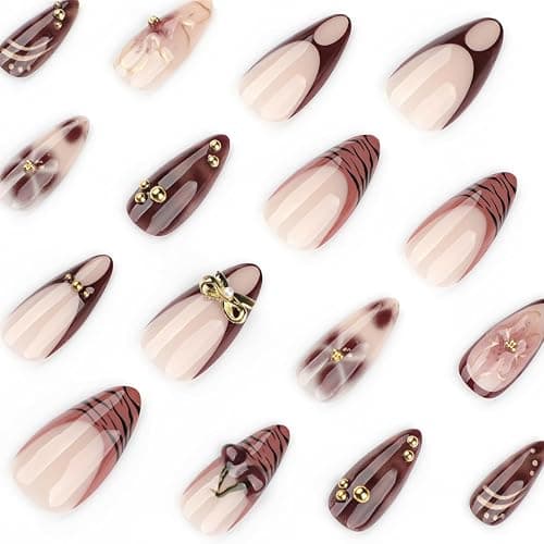 Cherry Press on Nails Almond Medium Fake Nails 3D Brown Flower False Nail Designs Leopard Print French Tip Artificial Nails Full Cover Handmade Acrylic Stick on Nail for Women 24 Pcs thumbnail 3