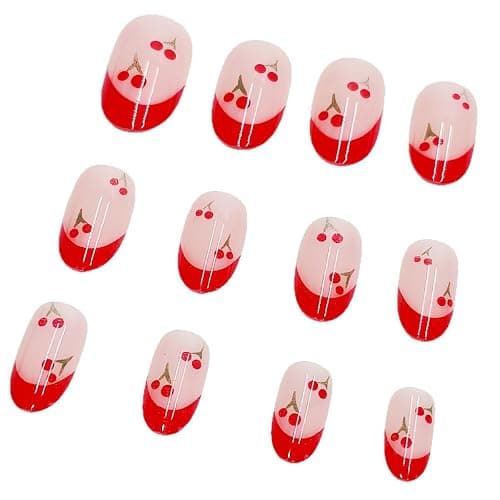 Mkwntg 24pcs Cherry Press-on Nails Short Square Plastic False Nails Multicolor French Tips Glossy Full Cover Reusable Summer Nail Set thumbnail 4