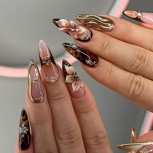 XZMeiLun Handmade 3D Flower Brown Press On Nails Medium Almond, 3D Floral Pearl Designer Reusable Acrylic Fake Nail, Stick On Glue On Nail, Nails Press Ons Daily Wear False Goth Nails For Women - Image 1