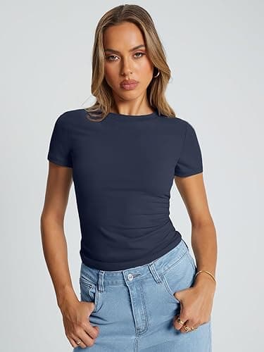 Trendy Queen Womens Basic T Shirts Summer Tops 2025 Crop Short Sleeve Slim Fit Tee Cute Gym Workout Clothes - Medium - Navy thumbnail 2