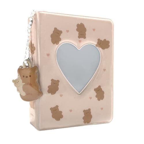 3 Inch Mini Photo Album, Heart Hollow Card Binder Photo Card Holder with Pendant 40 Pockets (beige bear) - Image 1