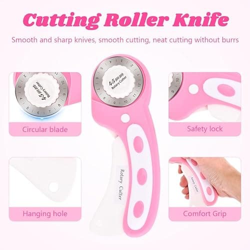 45mm Rotary Cutter for Fabric with 10pcs Replacement Blade, Rolling Fabric Cutter Crochet Edge Skip Stitch Blade for Quilting Crafts Sewing(COLOR:pink) thumbnail 4