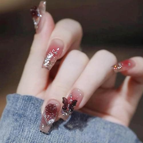 Hkanlre Bling Coffin Press on Nails Fake Nails Tips Full Cover Medium False Gradient Nails for Women and Girls 24PCS (Red Coffin) - Image 1