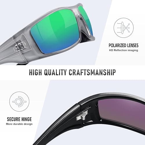Ofwin Polarized Sports Sunglasses for Men Women Unbreakable Frame Cycling Fishing Wrap Around Sunglasses UV400 Protection - Glossy Gray Silver Frame/Green Mirror Lens thumbnail 4
