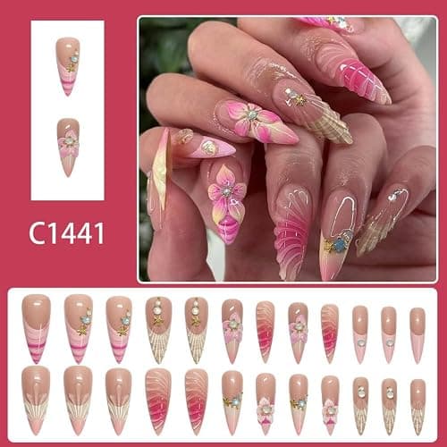 Almond Press on Nails Long Glue on Nail with 5D Rhinestones Flower Design Glossy Waterdrop Shell Acrylic Nails Reusable Ombre French Tips Fake Nails Stiletto Gold Star Nail for Women Manicure 24Pcs thumbnail 2