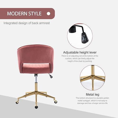 Nrizc Velvet Home Office & Living Room Desk Chairs with Adjustable Swivel Wheels, Ergonomic Upholstered Office Chair for Bedroom, Vanity Study (Rose) thumbnail 5
