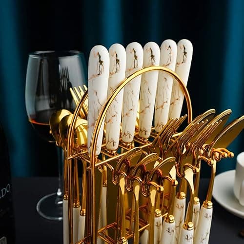 24-Piece Gilded Stainless Steel Flatware Set,Kitchen Utensil Tableware Cutlery Set Service for 6, Steak Cutlery Set for Home and Restaurant (Dark Green) thumbnail 5